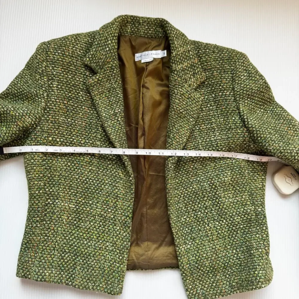 Vtg Tweed Cropped Blazer Green 80s Tailored Jacket Dark Academia Ivy League 6 - Picture 10 of 16